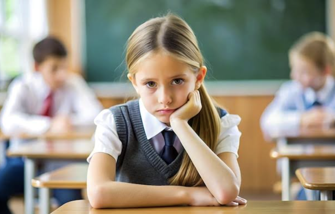 Student in uniform unhappy at a desk