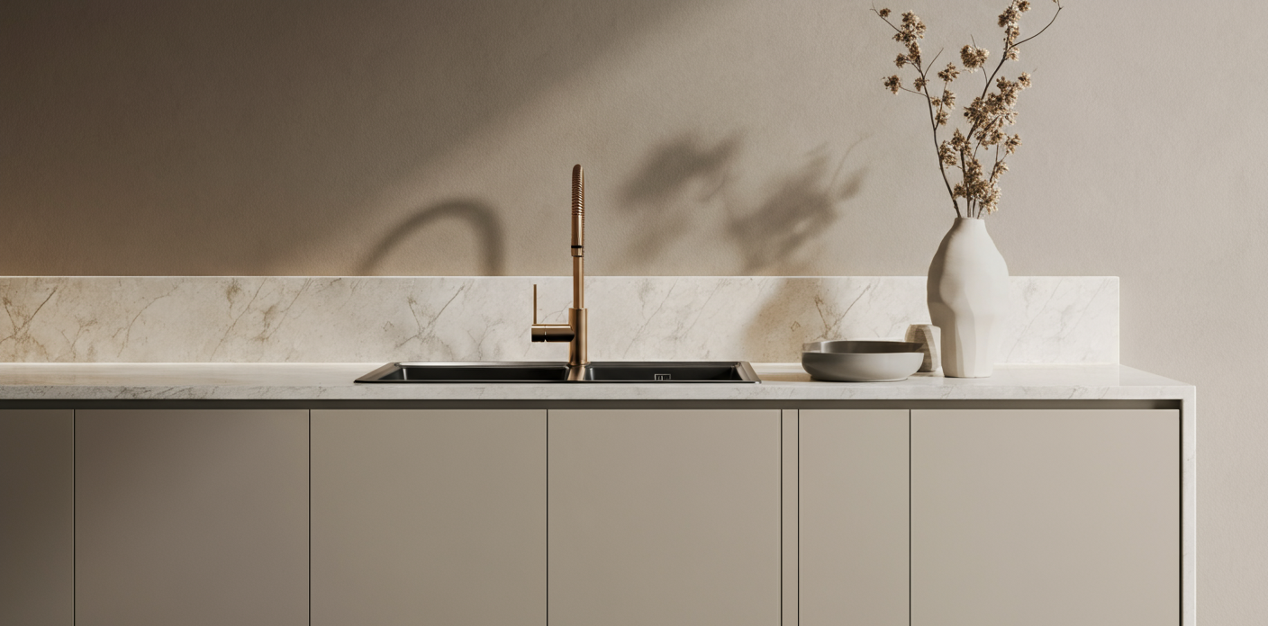 Modern luxury kitchen detail featuring minimalist design, premium fixtures, custom finishes, and sophisticated styling representative of upscale residential renovation and value-add investment opportunities in the New Orleans market.
