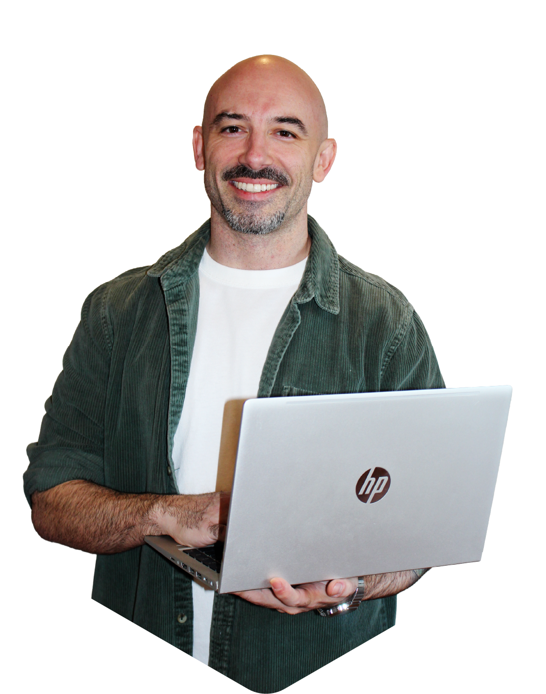 A smiling man with a bald head and beard holding an open HP laptop, wearing a green jacket over a white t-shirt.