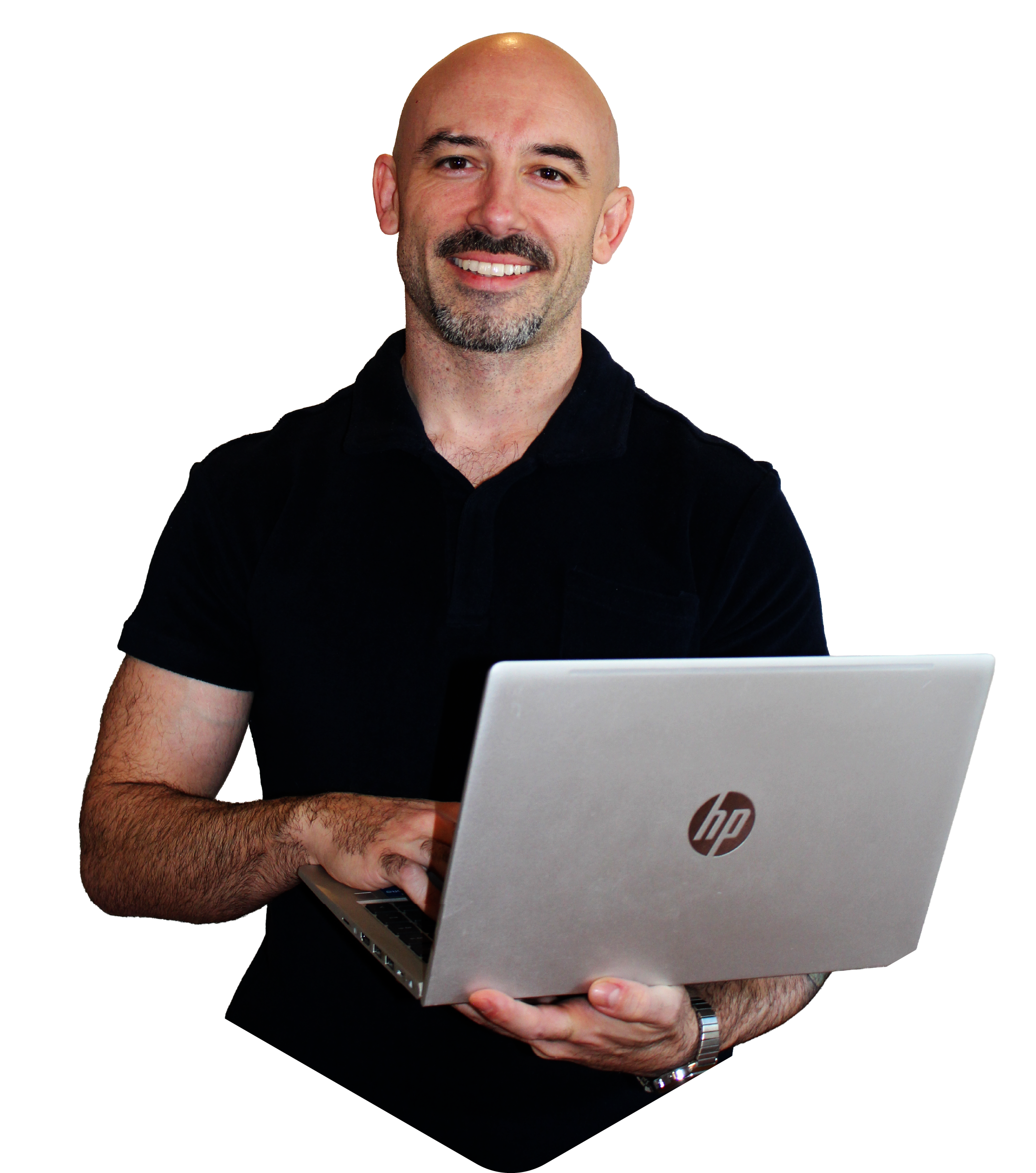 A man wearing a black shirt and a silver wristwatch is holding an open silver HP laptop computer. His face is smiling and he has a shaved head and facial hair.