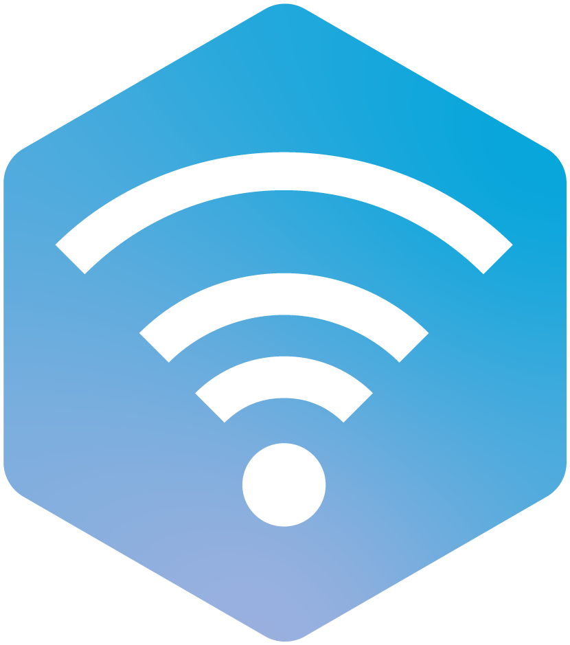 Wi-Fi symbol with signal waves in white on a blue gradient background.