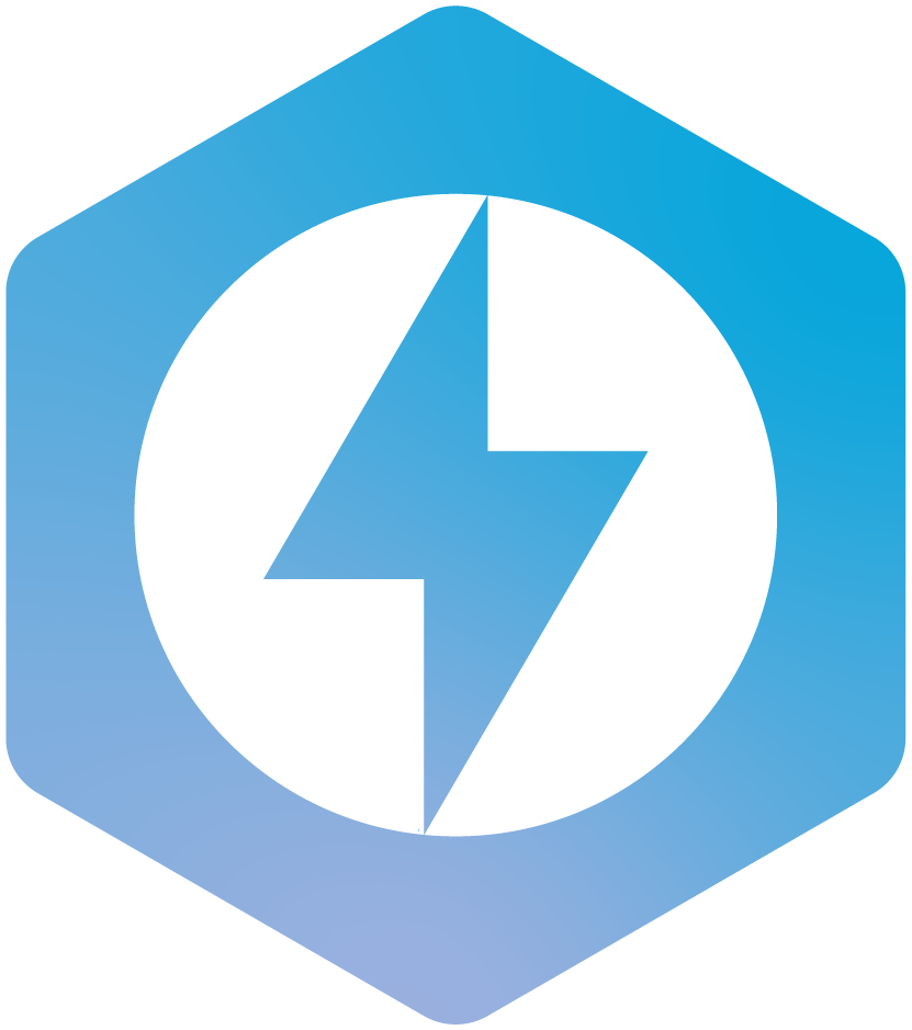 A blue hexagon with a white circle inside, featuring a stylized white lightning bolt in the center.