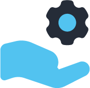 Blue hand holding a gear with a blue circle inside it and a larger gear in the background