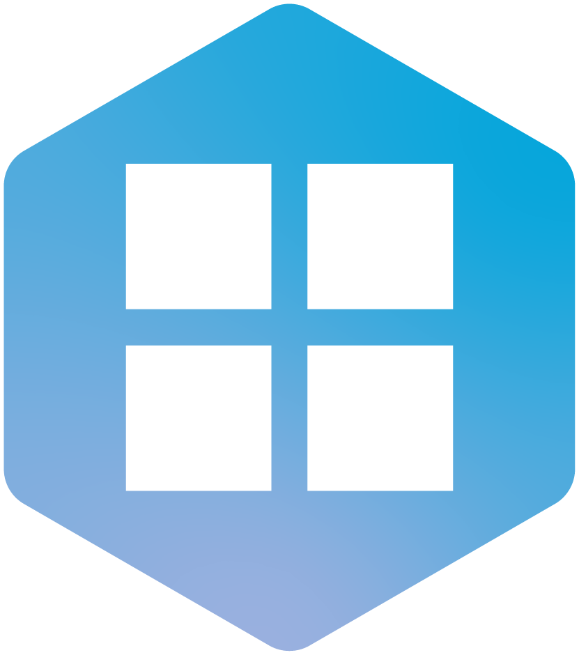 A blue pentagon-shaped logo with four white squares in the center, resembling a window.