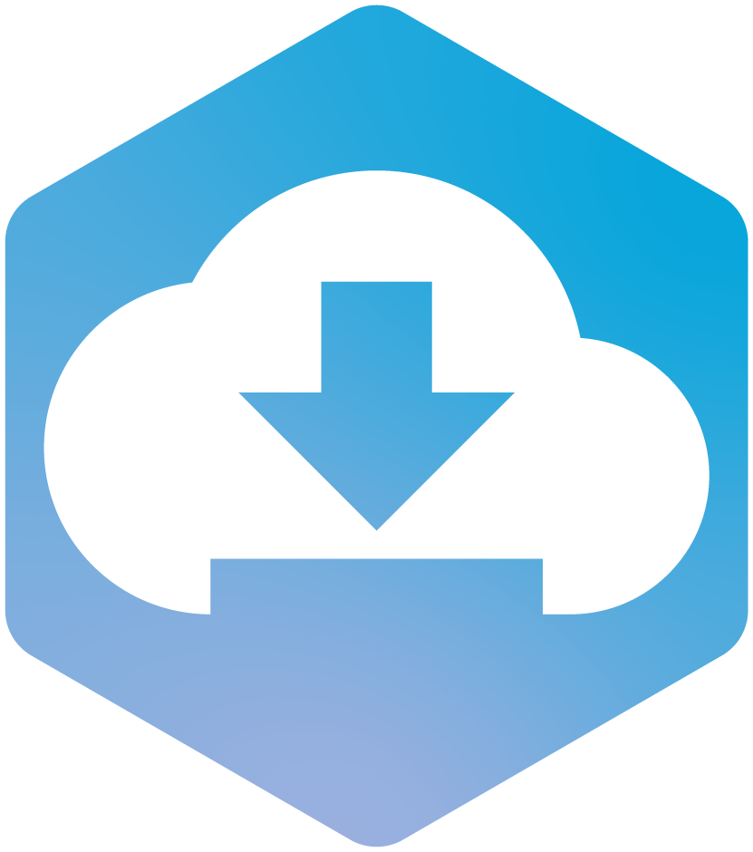 Icon of a white cloud with a downward arrow, representing cloud download, on a blue background.