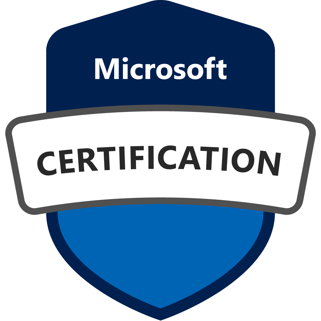 Microsoft certification badge in blue, gray, and white with the text "Microsoft" at the top and "Certification" in the center.