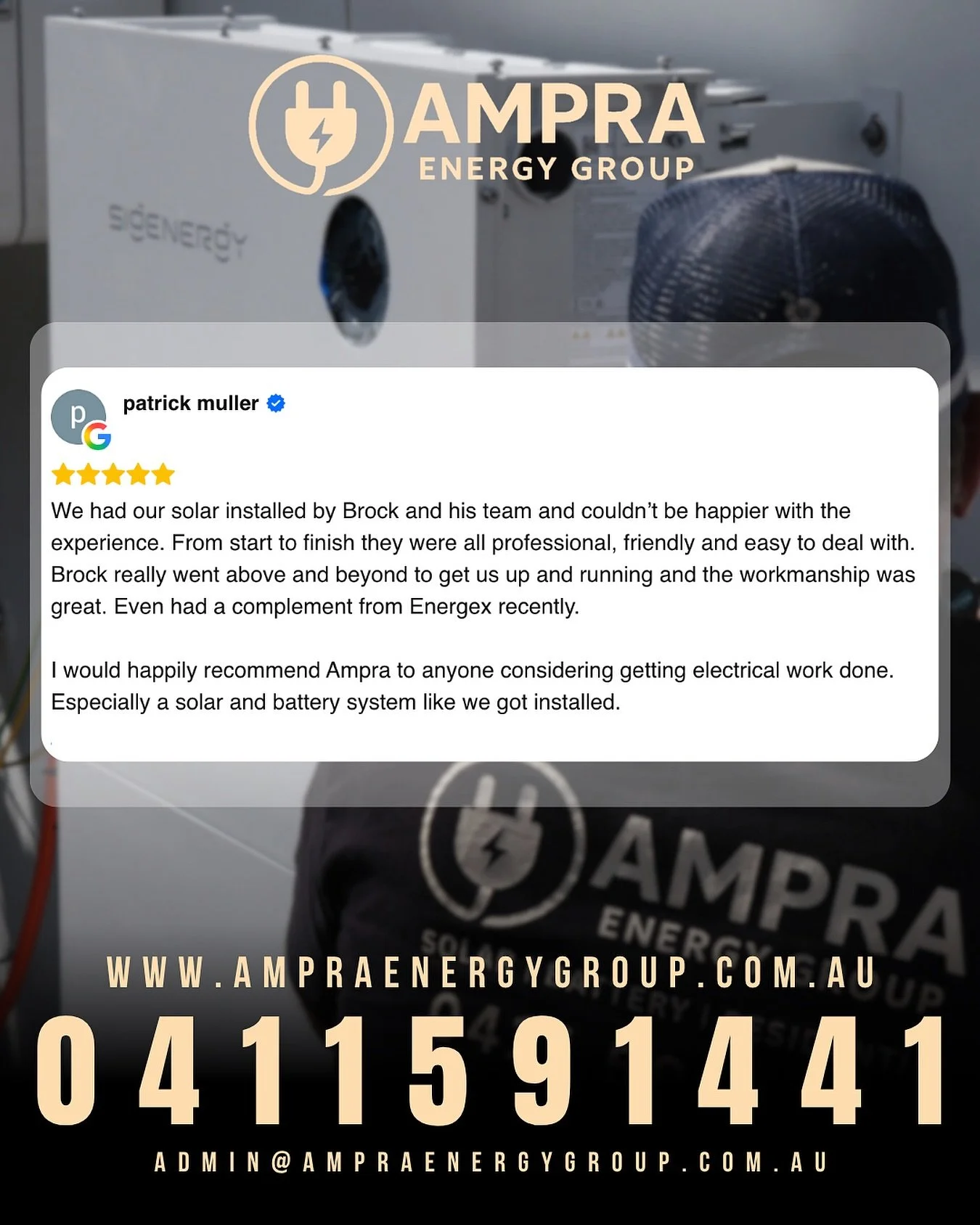 ⭐️⭐️⭐️⭐️⭐️

Another one for the books 🤝

We&rsquo;ll let the reviews do the talking on this one.

Big thanks to our customers for backing the Ampra Energy crew ⚡️

📞0411591441
📩 admin@ampraenergygroup.com.au
