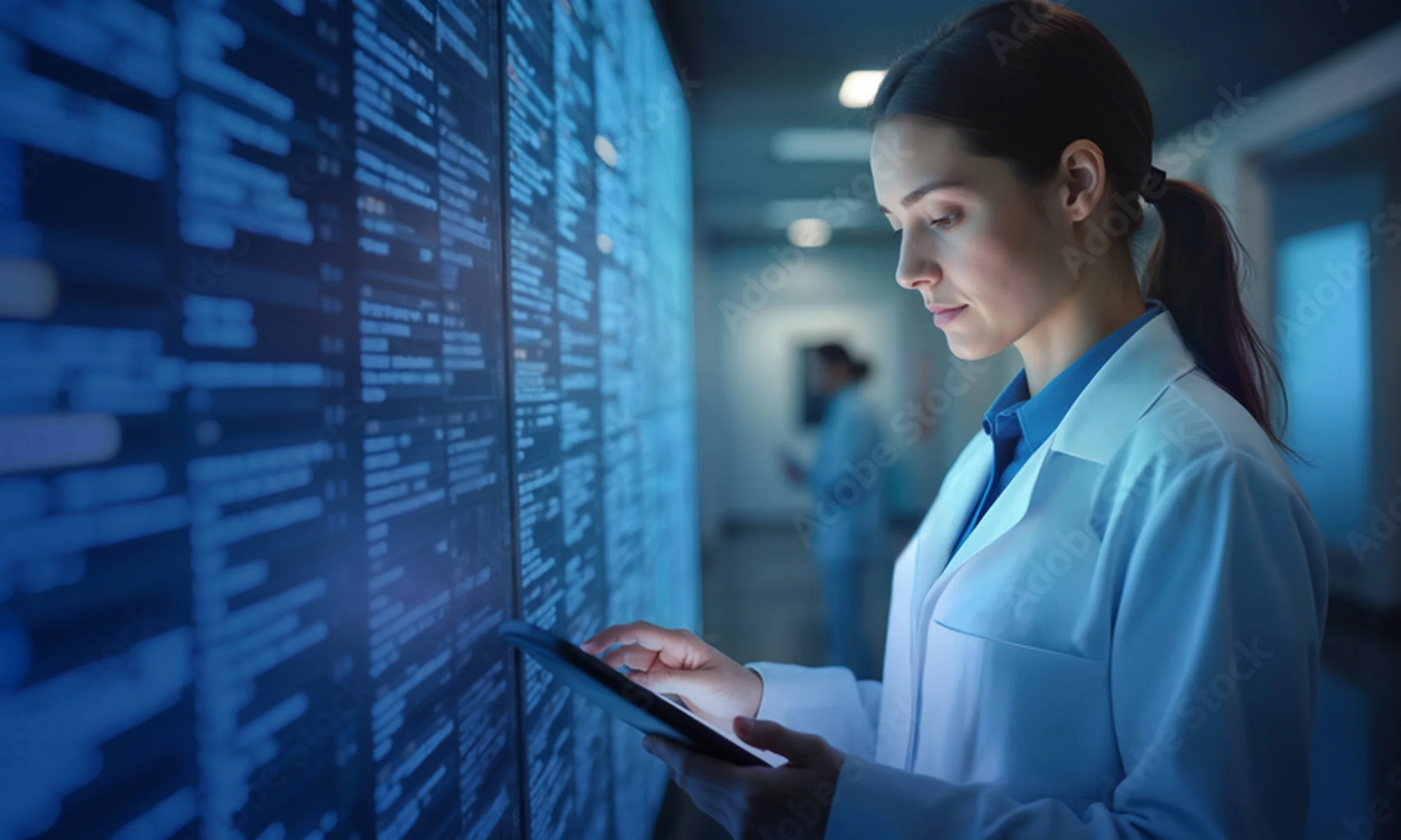 Medical worker in a lab coat reviewing electronic health data to help with real-time decision-making.