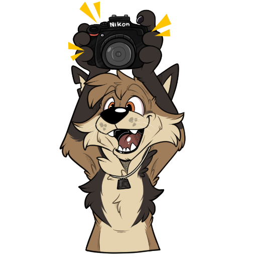 A coyote holding a Nikon camera above its head, smiling.