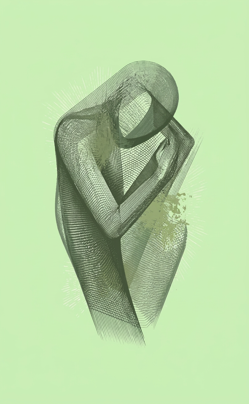 A wireframe digital illustration of a person sitting with their head resting on their knees, against a light green background with radiating lines.