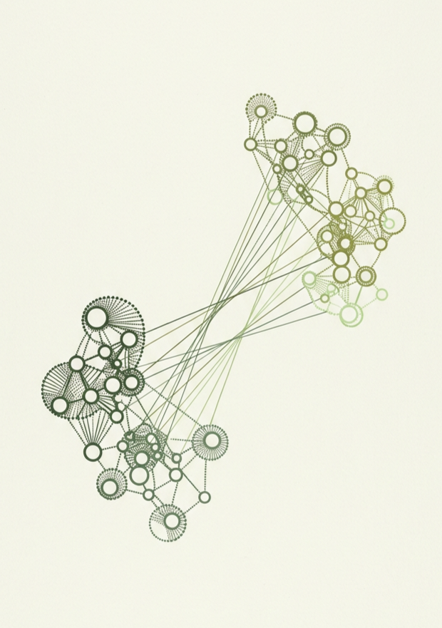 Abstract diagram with interconnected circles and lines, resembling a network or constellation