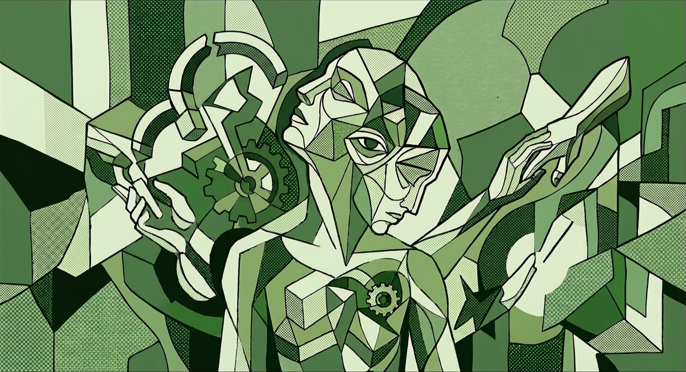 An abstract, cubist-style artwork of three human faces with mechanical gears, set in shades of green.