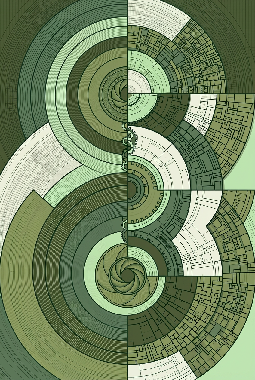 Abstract geometric spiral design with concentric circles and intricate patterns in shades of green, black, and white.