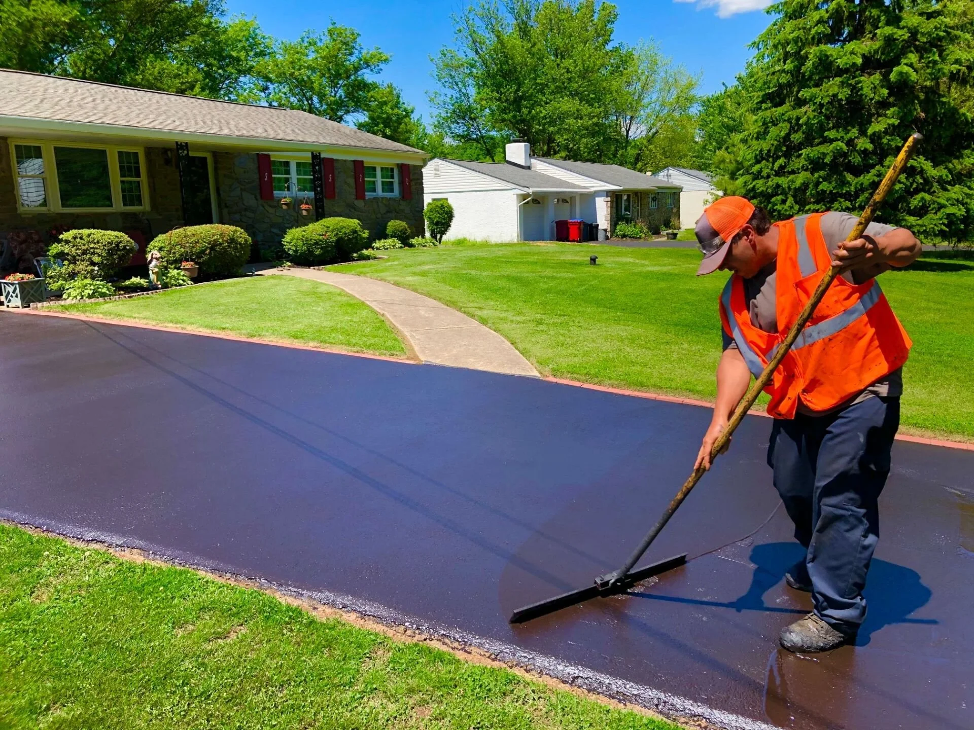 A worker in an orange safety vest and cap spreads fresh blacktop on a driveway using a rake. The scene is set in a suburban neighborhood with houses, green lawns, and trees under a blue sky.