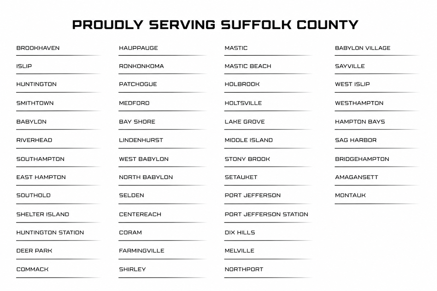 List of communities served in Suffolk County, including Brookhaven, Islip, Huntington, Smithtown, Babylon, Riverhead, Southampton, East Hampton, Southold, Shelter Island, Huntington Station, Deer Park, Commack, Hauppauge, Ronkonkoma, Patchogue, Medford, Bay Shore, Lindenhurst, West Babylon, North Babylon, Selden, Centerreach, Coram, Farmingville, Shirley, Mastic, Mastic Beach, Holbrook, Holtsville, Lake Grove, Middle Island, Stony Brook, Setauket, Port Jefferson, Port Jefferson Station, Dix Hills, Melville, Northport, Babylon Village, Sayville, West Islip, Westhampton, Hampton Bays, Sag Harbor, Bridgehampton, Amagansett, Montauk.