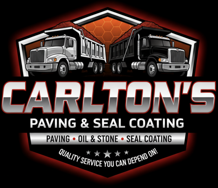 Logo for Carlton's Paving & Seal Coating featuring two dump trucks, a honeycomb pattern, and text emphasizing paving, oil and stone, and seal coating services.