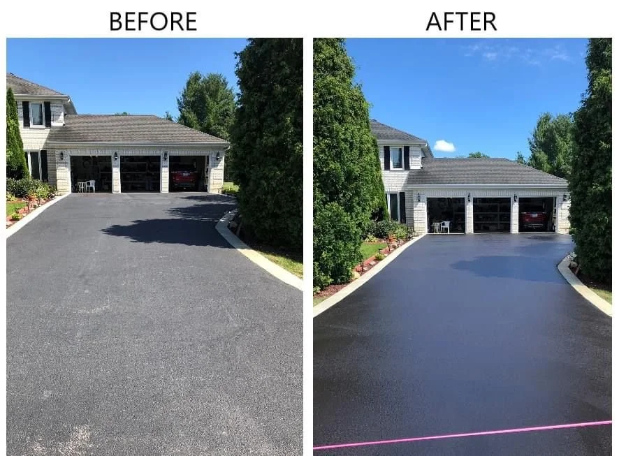 Side-by-side comparison of a driveway before and after sealing. The 'Before' side shows an unfinished, dull pavement, while the 'After' side displays a smooth, shiny, black asphalt driveway.