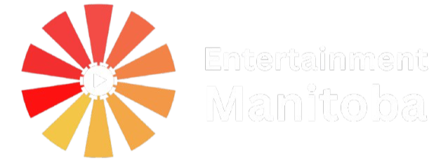 Logo for Entertainment Manitoba with a colourful circular wind turbine and play button.