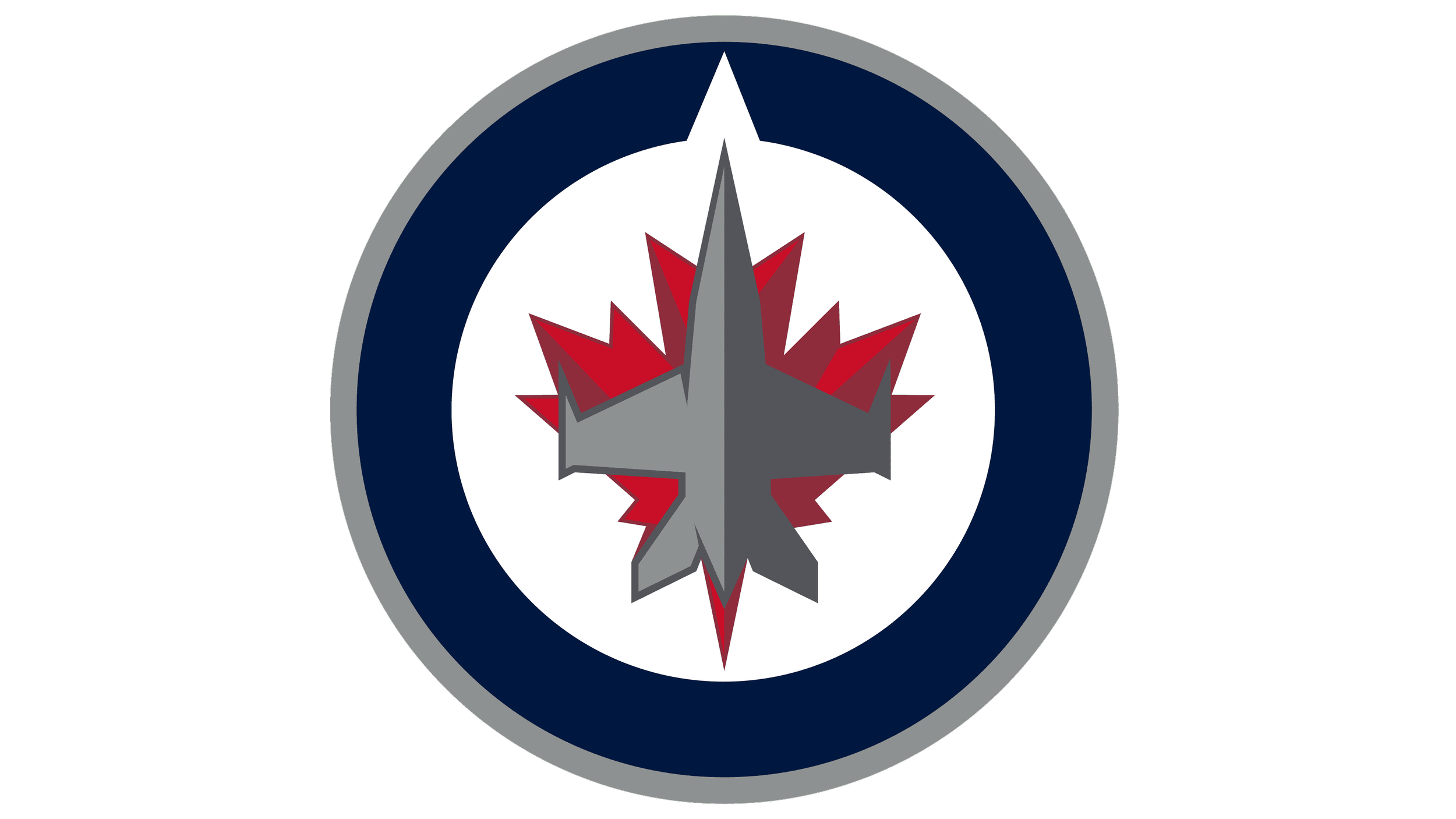 The Winnipeg Jets logo featuring a gray jet airplane in front of a red maple leaf, within a white circle bordered by navy blue and gray.