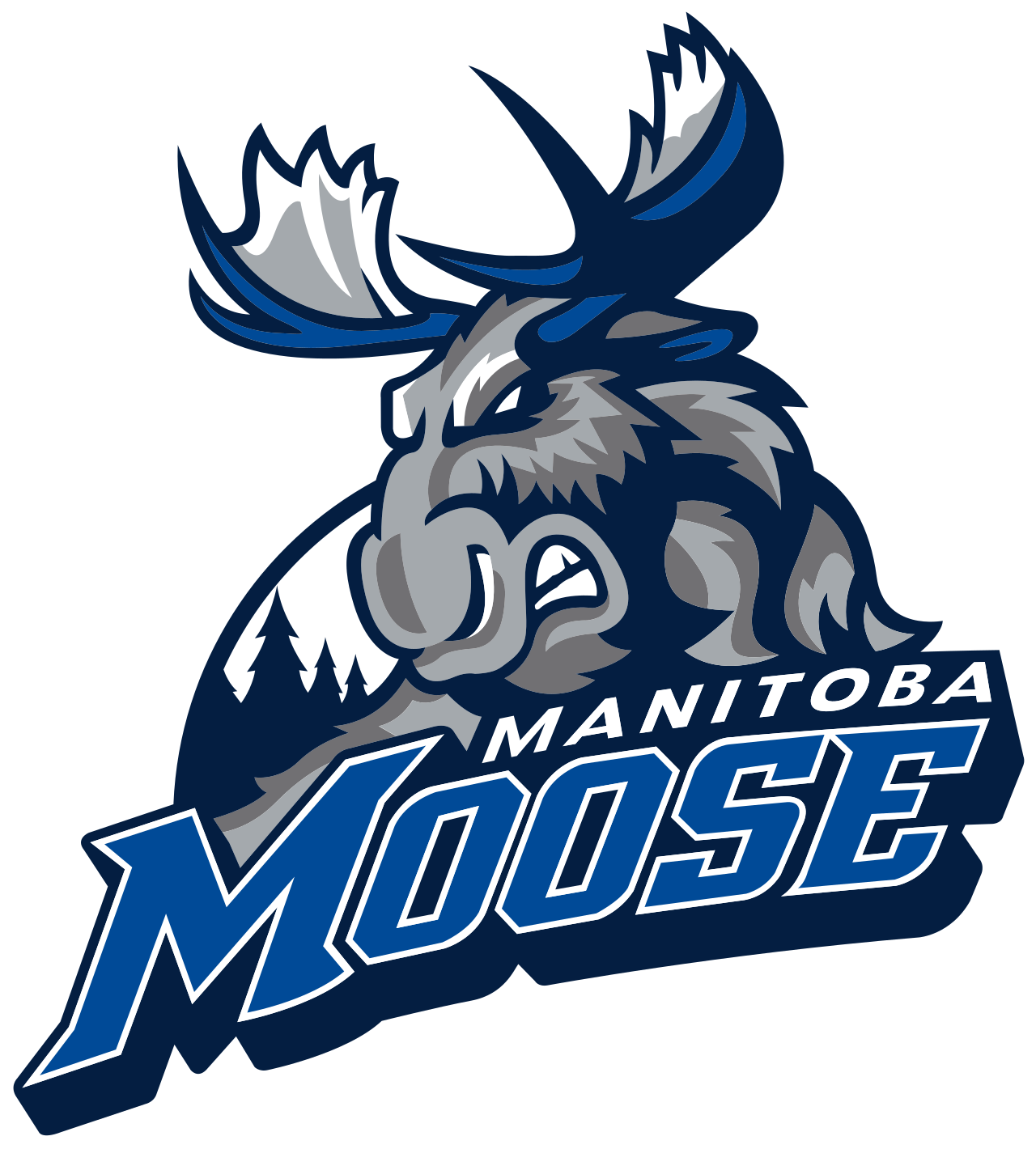 The logo of the Manitoba Moose hockey team featuring a fierce moose with antlers, with the team name written underneath in bold blue and white letters.