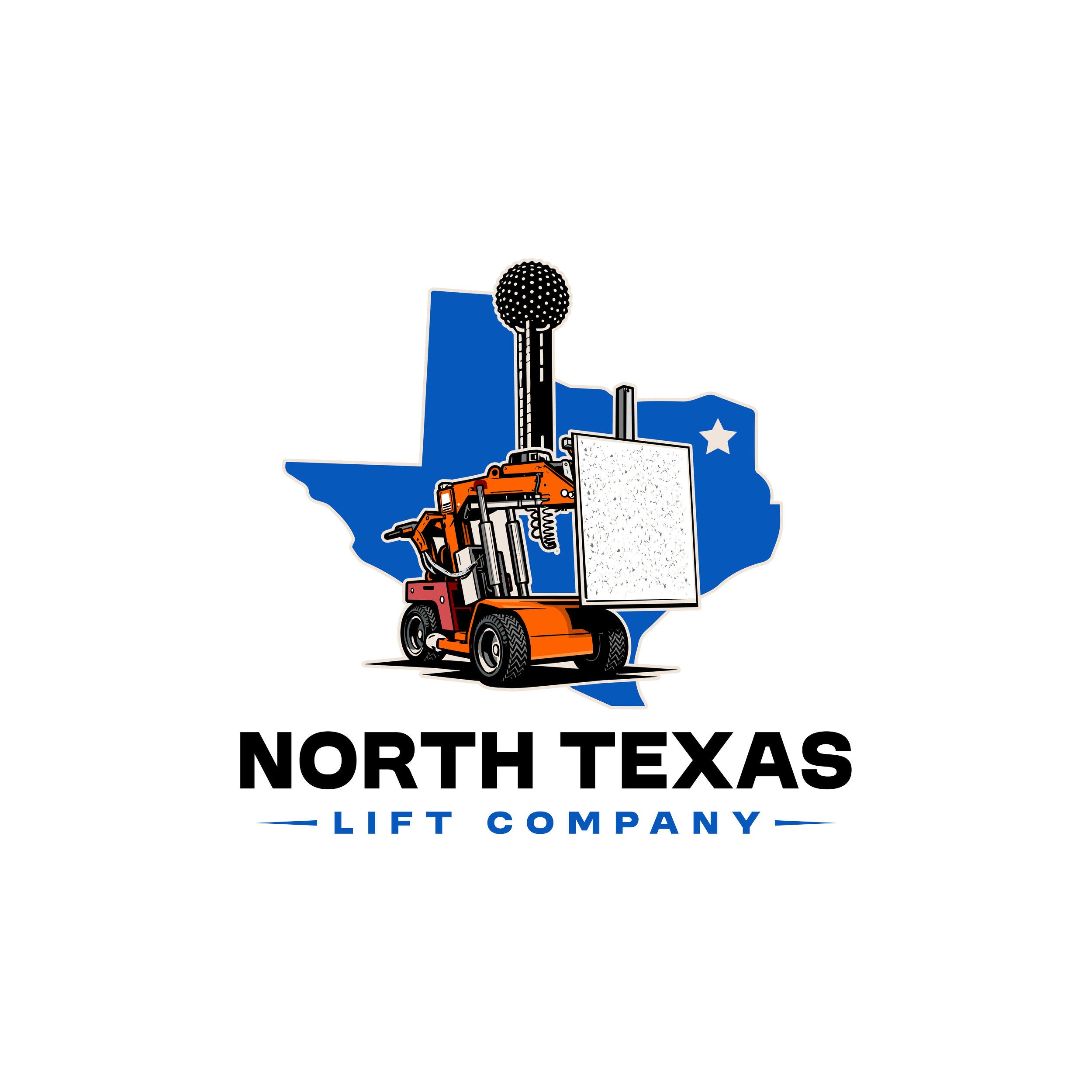 Logo of North Texas Lift Company featuring a forklift lifting a whiteboard, with the outline of Texas in blue and a star, and text 'North Texas Lift Company' beneath.
