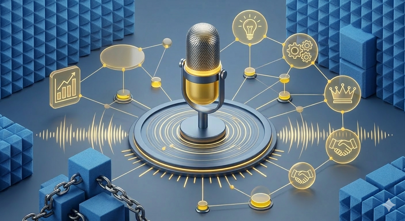 A digital illustration of a microphone surrounded by interconnected icons representing data, growth, ideas, gears, a crown, and handshake symbols. The background has soundproof foam panels.
