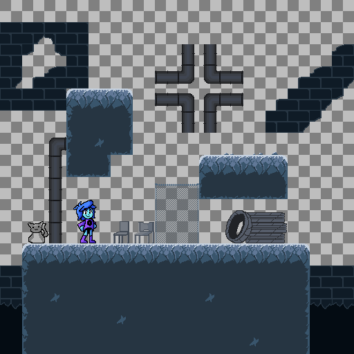 Abandoned warehouse tileset featuring ground, background, and decoration tiles.