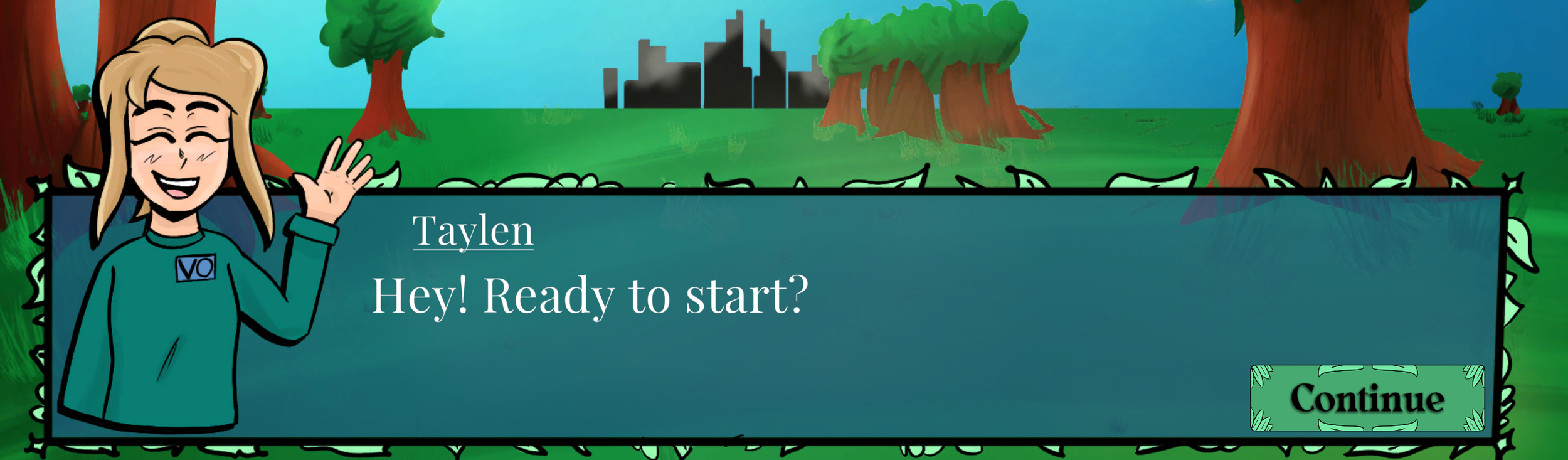 2D art dialogue box. Pose changes depending on the sentence, and mouth moves while spoken dialogue audio is playing.