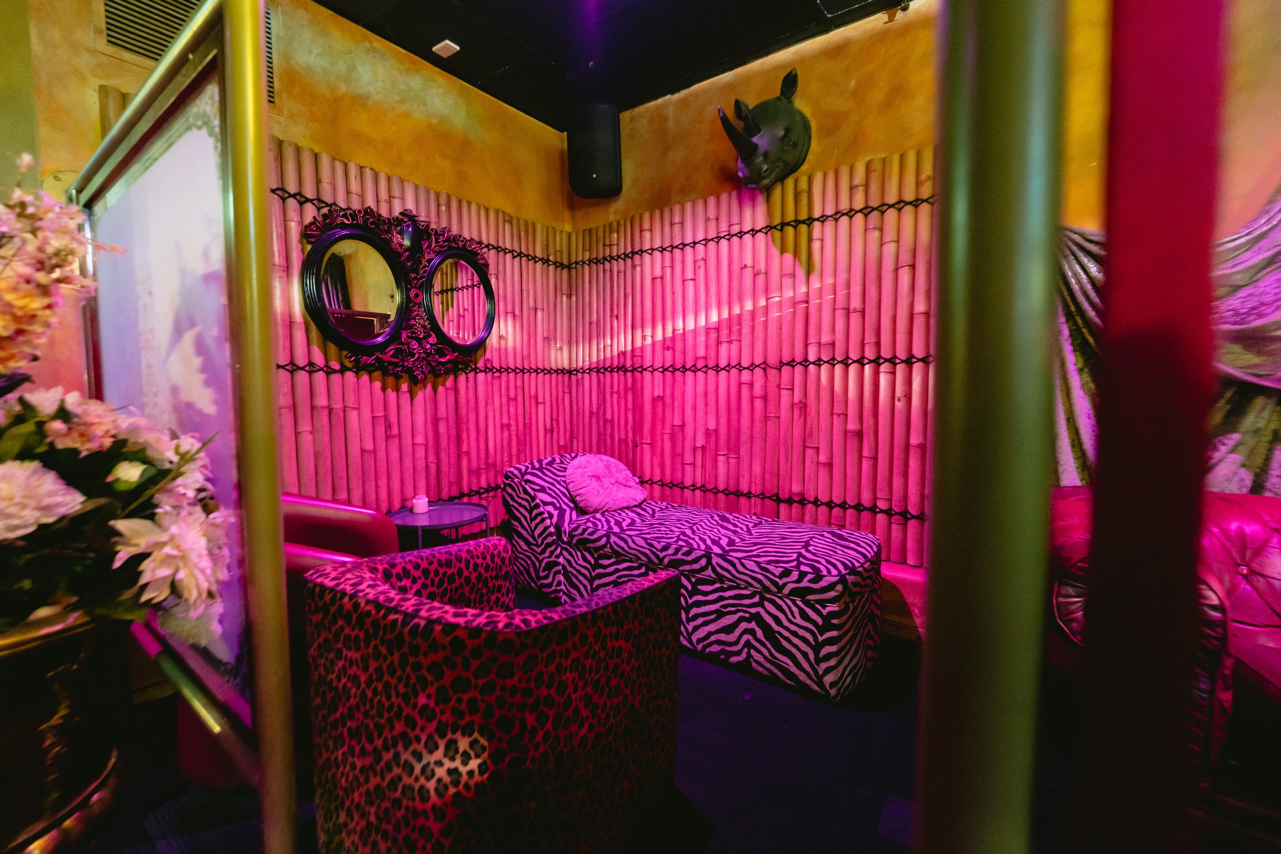 Private themed booth with animal print decor inside The Men's Gallery Melbourne strip club