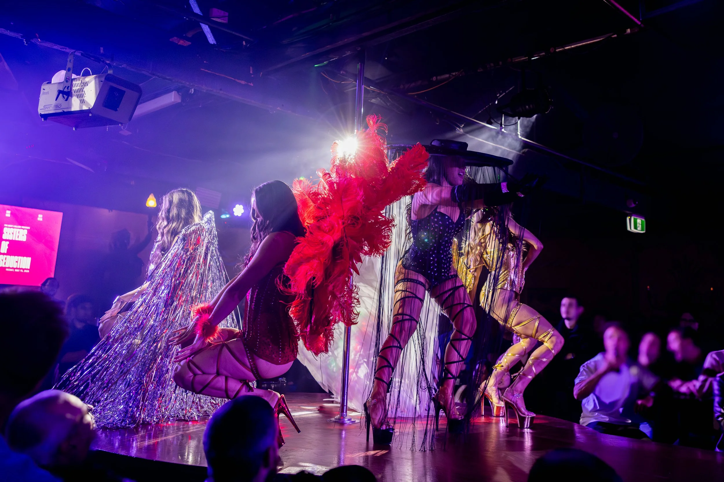 Group stage performers in red feathered costumes during a showgirl performance at The Men's Gallery Melbourne strip club