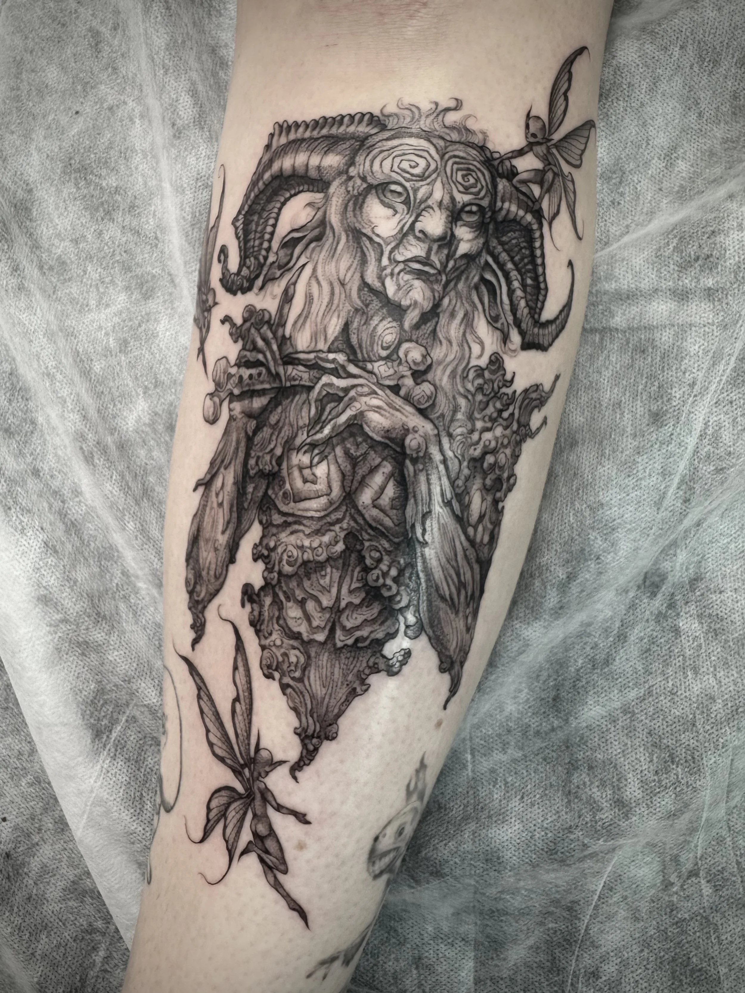 Fine line, black and grey tattoo by Eddy Lou of a The Faun from Pans Labyrinth. Done at FLT Tattoo Studio in Newcastle NSW