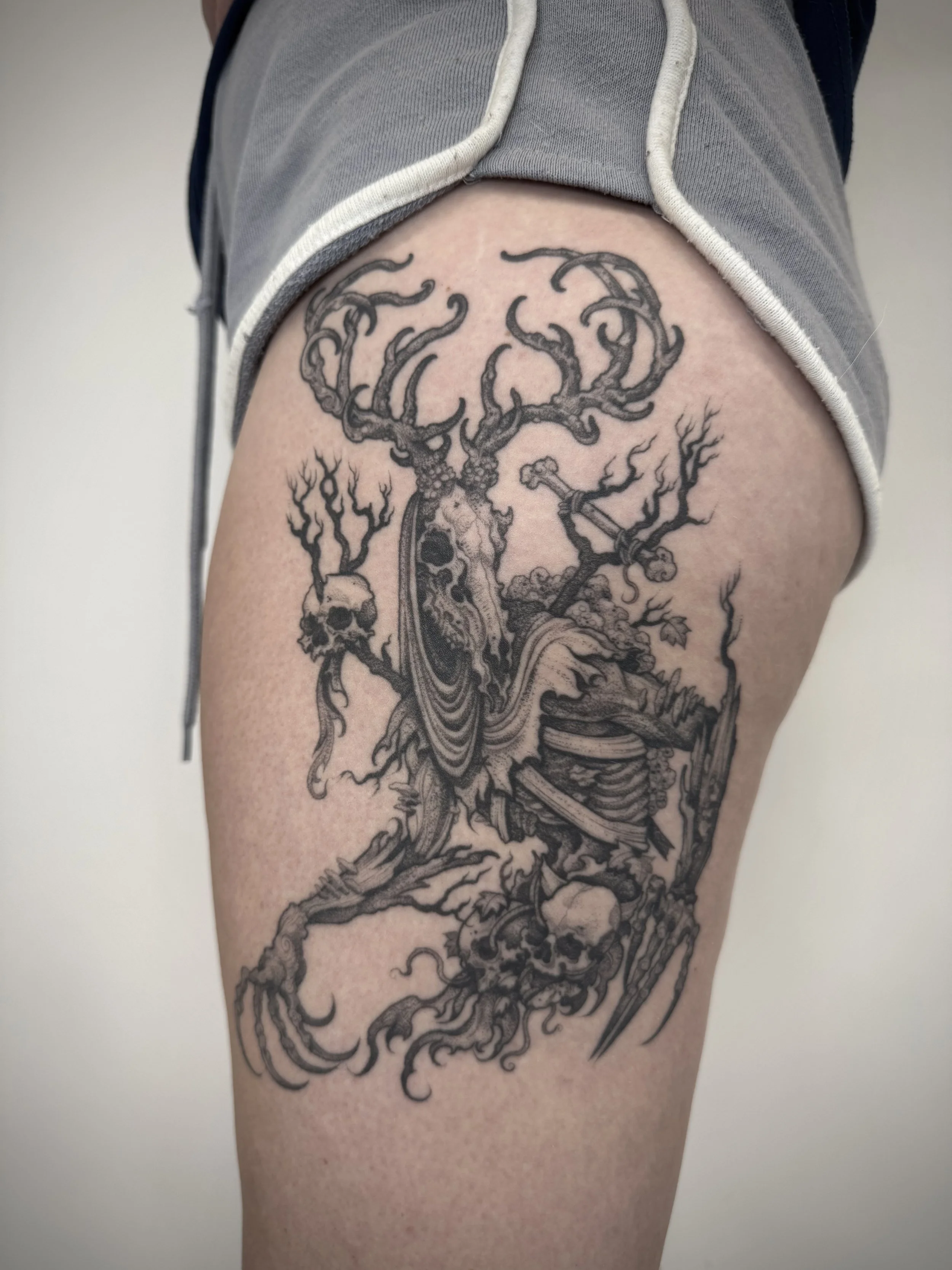 Healed and lived in Black and grey, fine line Leshy from The Witcher tattoo by Eddy Lou, done at FLT Tattoo Studio