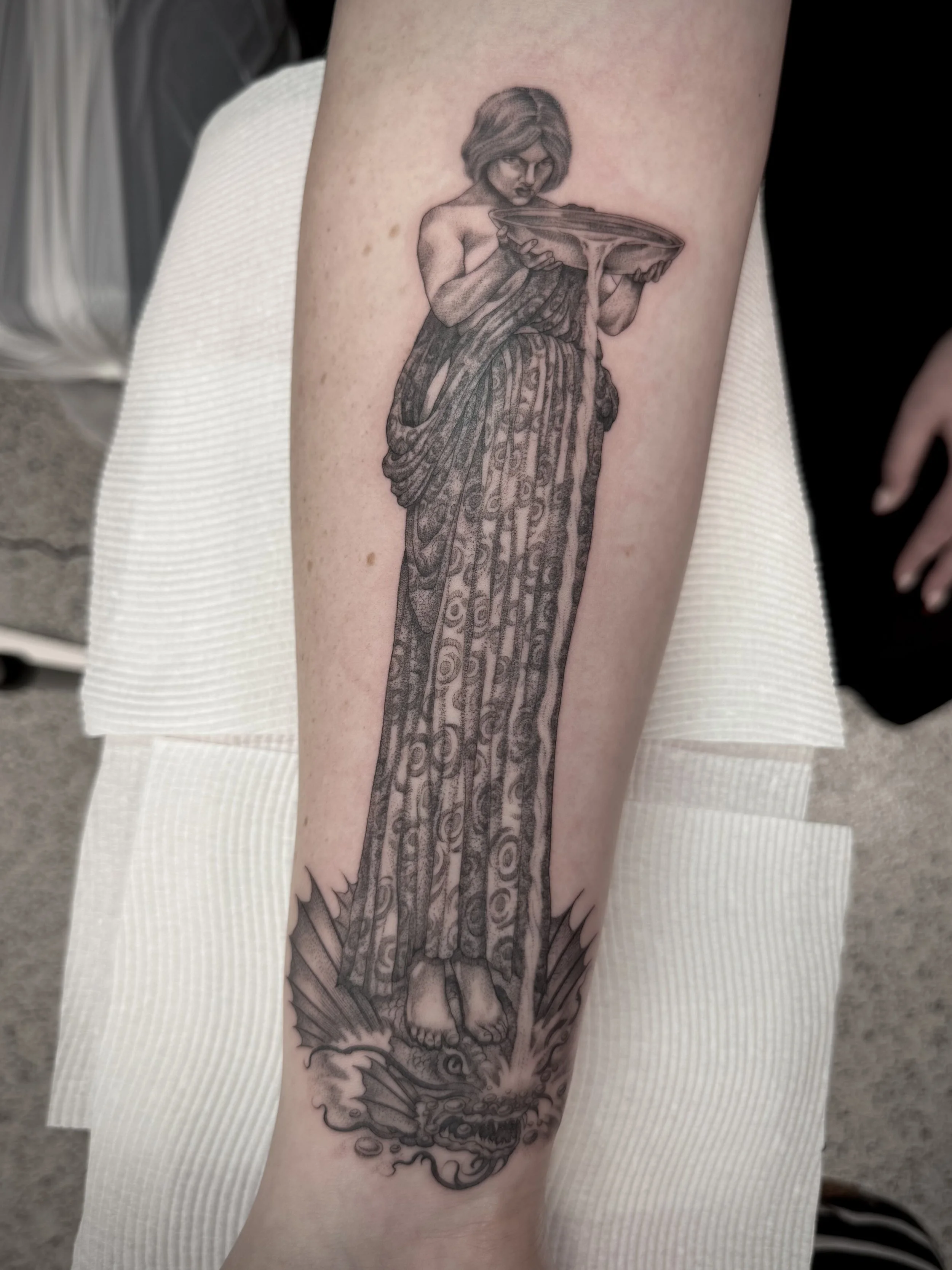 Fine line, black and grey tattoo by Eddy Lou of a Circe Indiviosa by John William Waterhouse. Done at FLT Tattoo Studio in Newcastle NSW