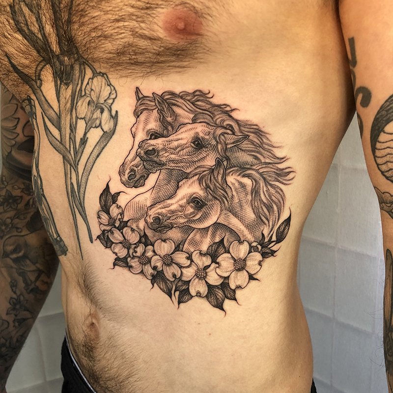 Fine line, black and grey, crosshatch etching style tattoo by Eddy Lou of the Pharaoh's Horses. Done at FLT Tattoo Studio in Newcastle NSW