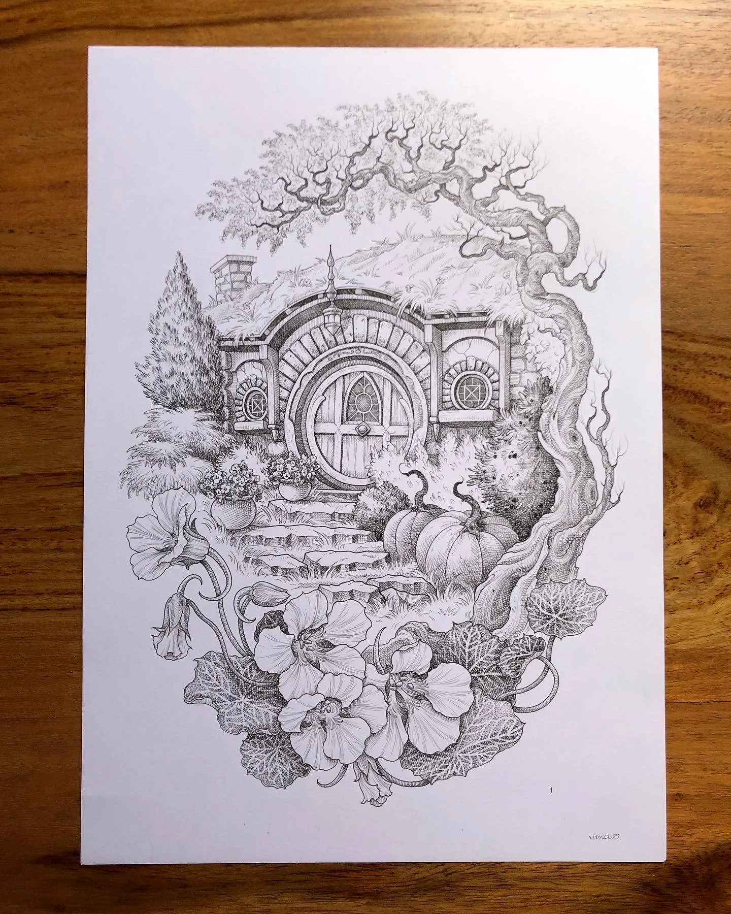 Pen and Ink drawing of Hobbiton from Lord of the Rings by Eddy Lou