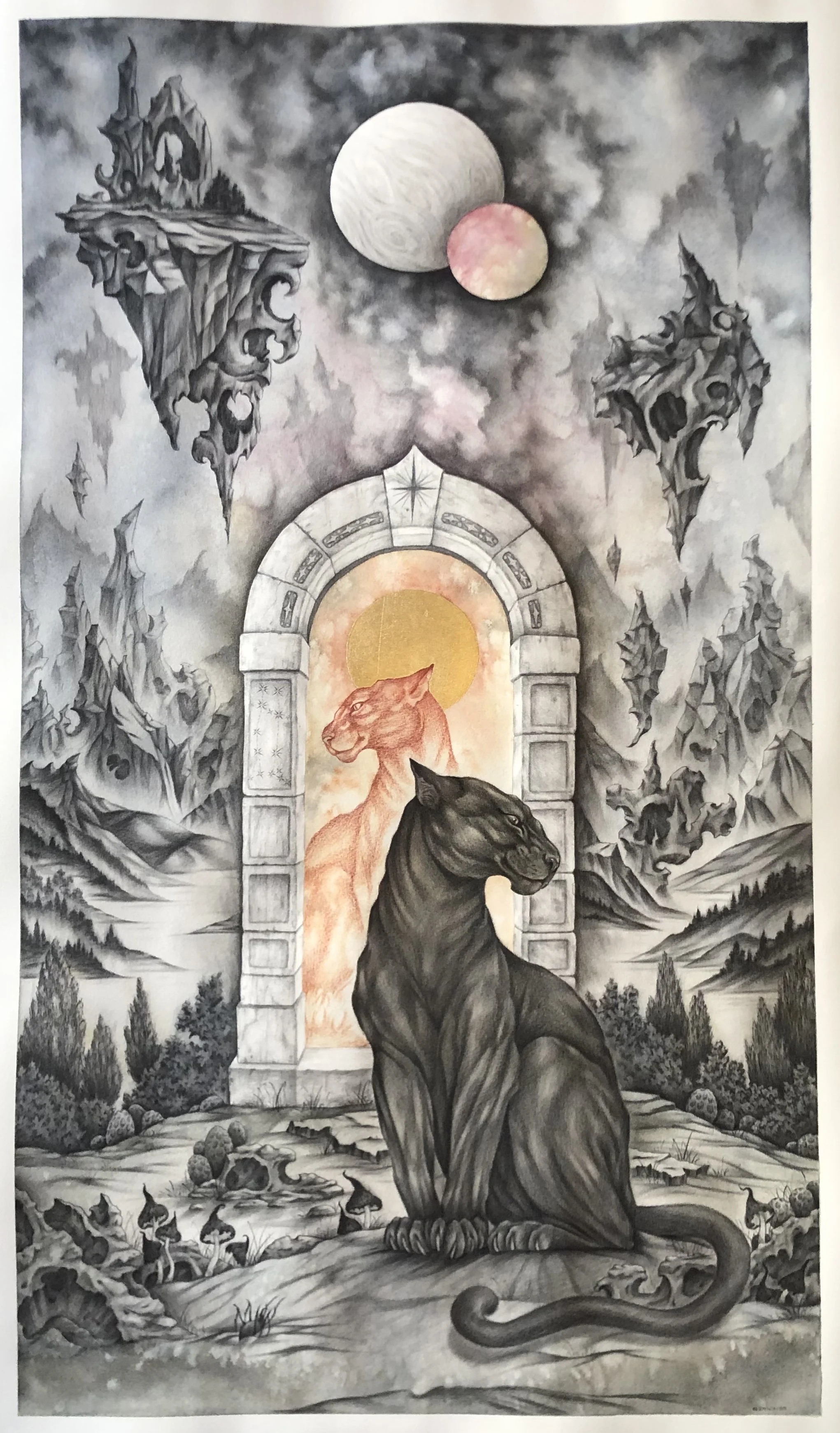 Mixed media drawing of fantasy big cats and landscape by Eddy Lou