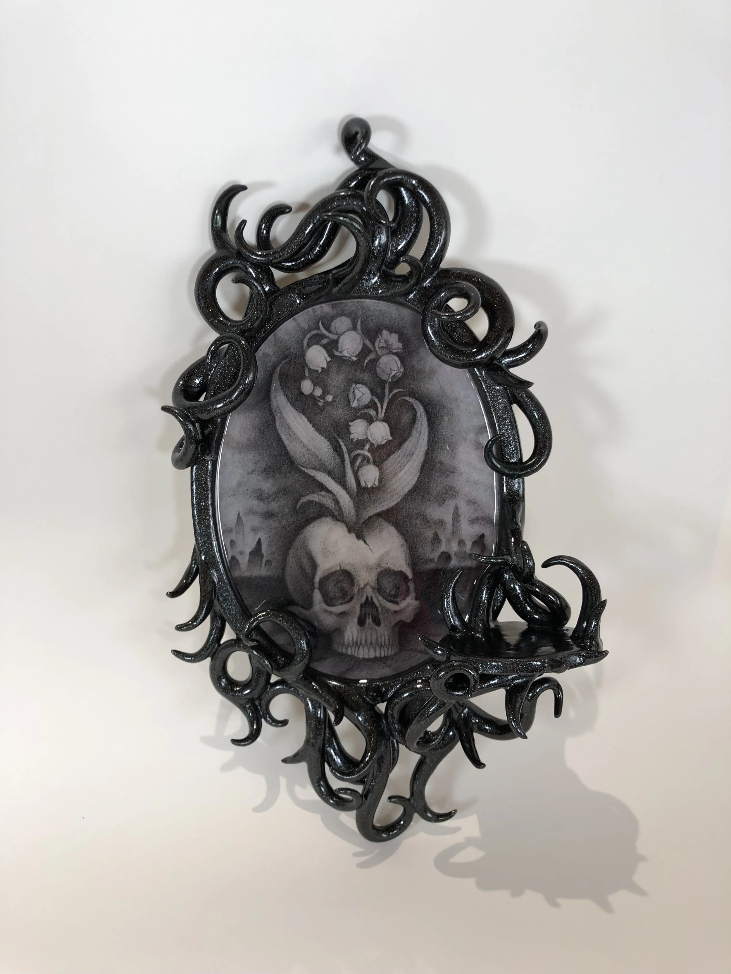 Handmade Ceramic frame, and skull and lily illustration by Eddy Lou