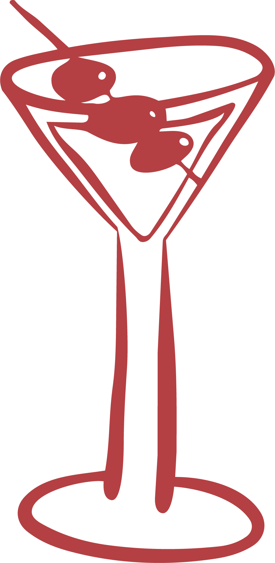 Stylized illustration of a martini glass with two olives on a pick inside.