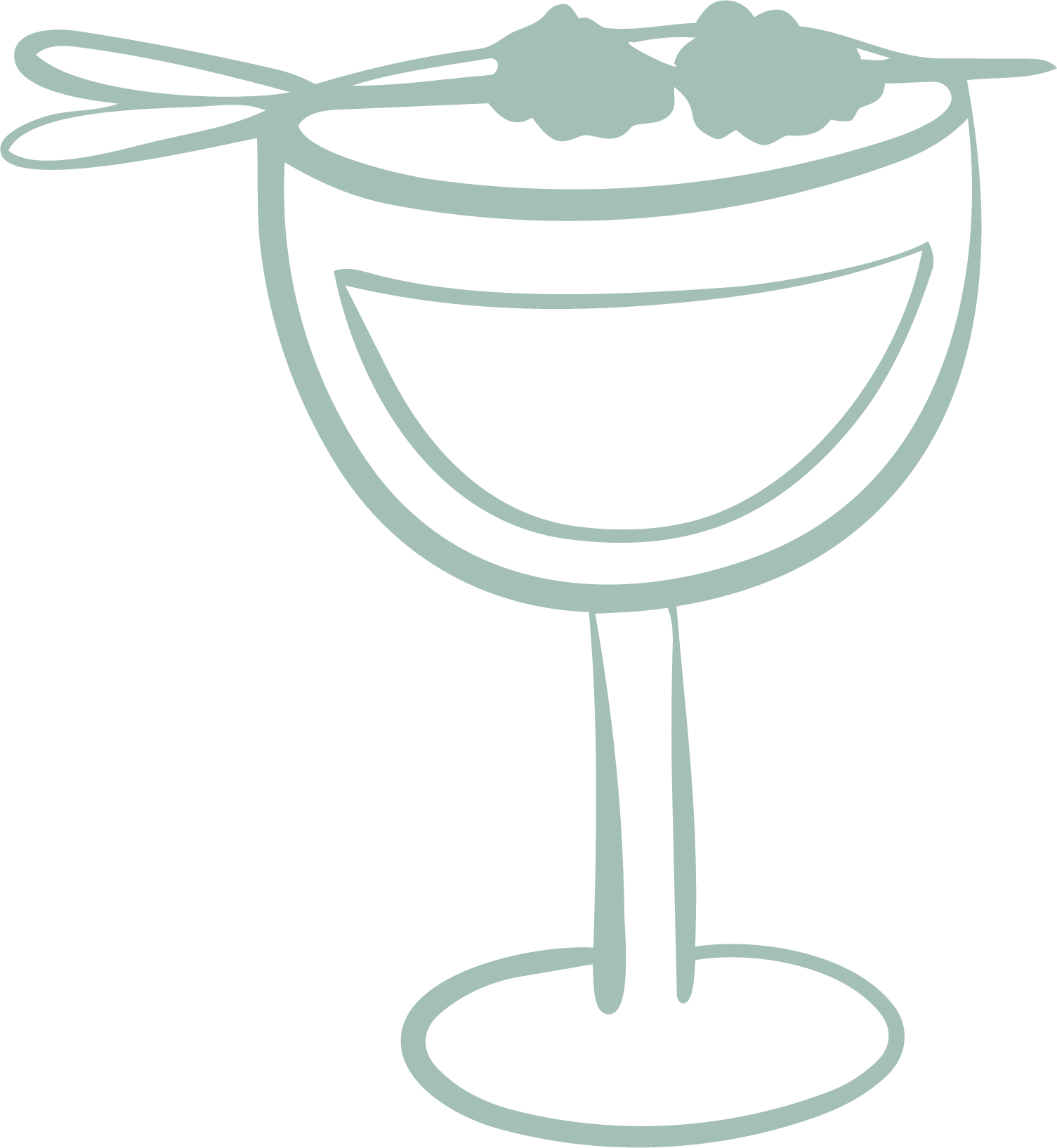 Line drawing of a cocktail glass with a straw and garnishes on the rim, outlined in light blue against a black background.