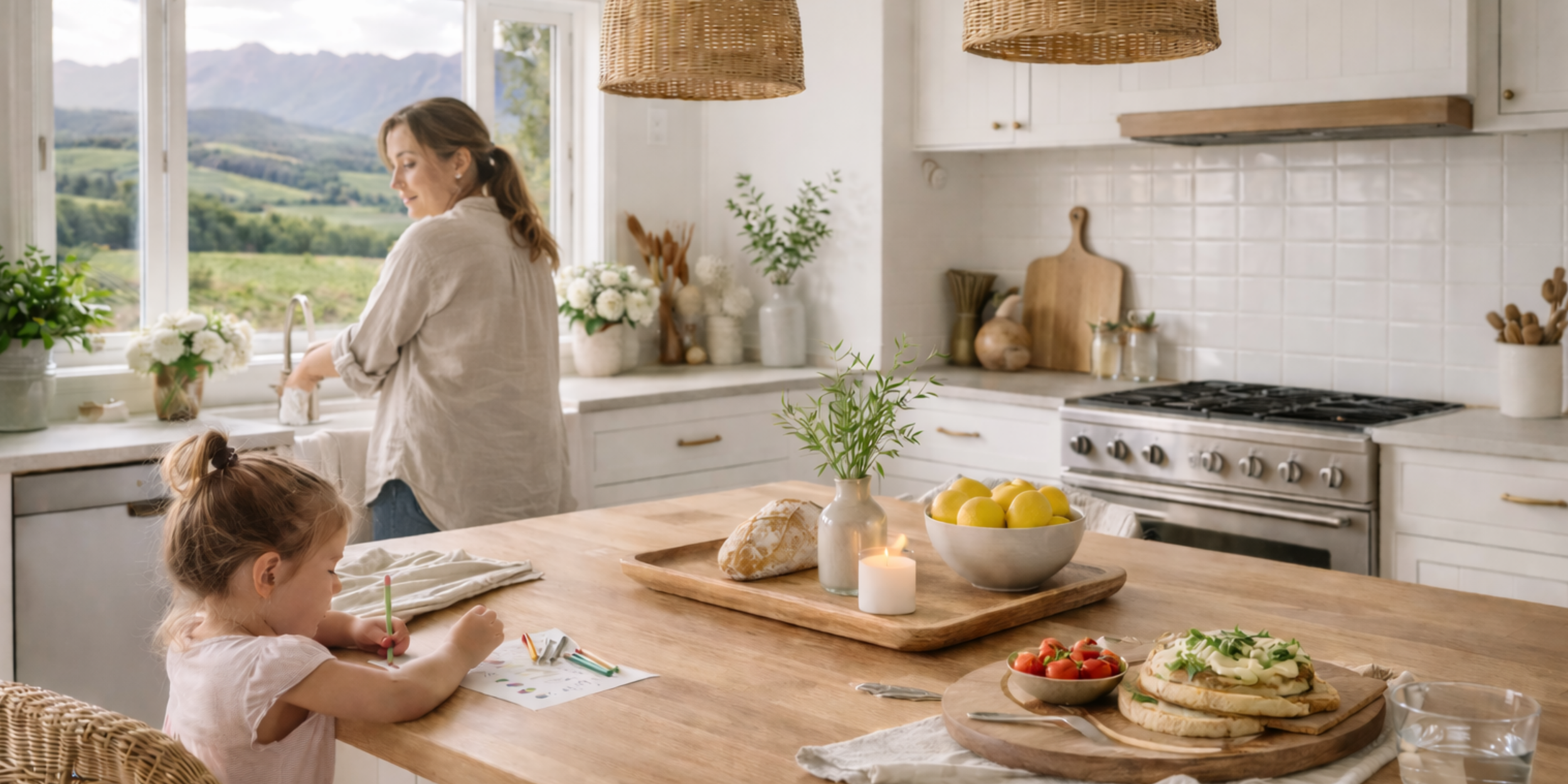 A woman and a young girl in a bright kitchen with white cabinets and a wooden island, preparing food. The woman is washing dishes at the sink by a window with a mountain view, while the girl is drawing at the table with a pizza and a bowl of tomatoes in front of her.