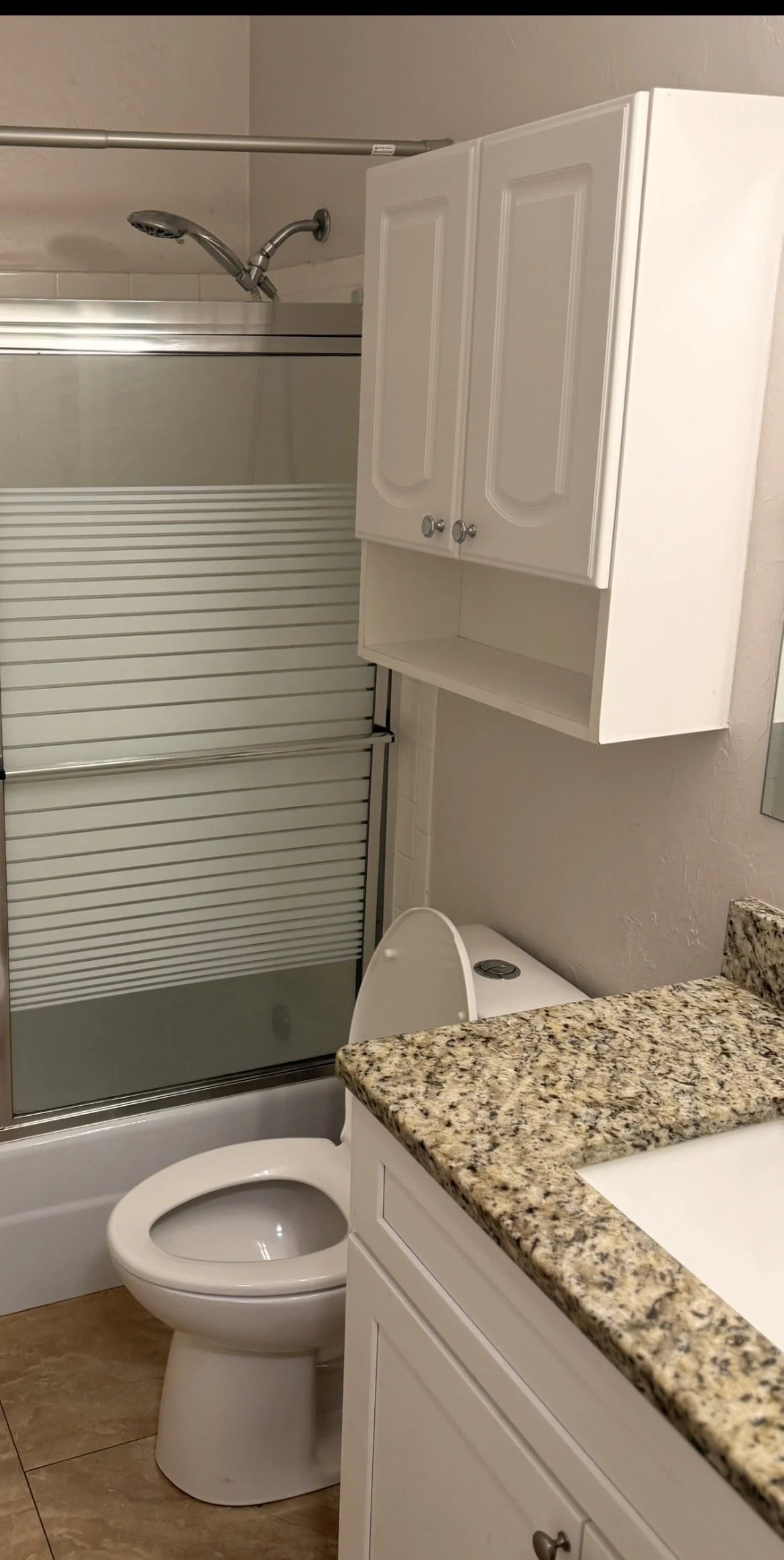 Bathroom with a shower, a toilet seat cover, white cabinet, and granite countertop.