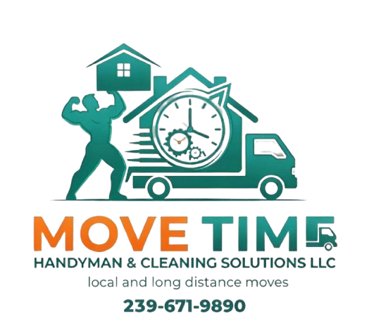 Logo for Move Time Handyman & Cleaning Solutions LLC, featuring a moving truck, house, and clock, with a muscular figure lifting a toolbox, and text with company name, services, and phone number.