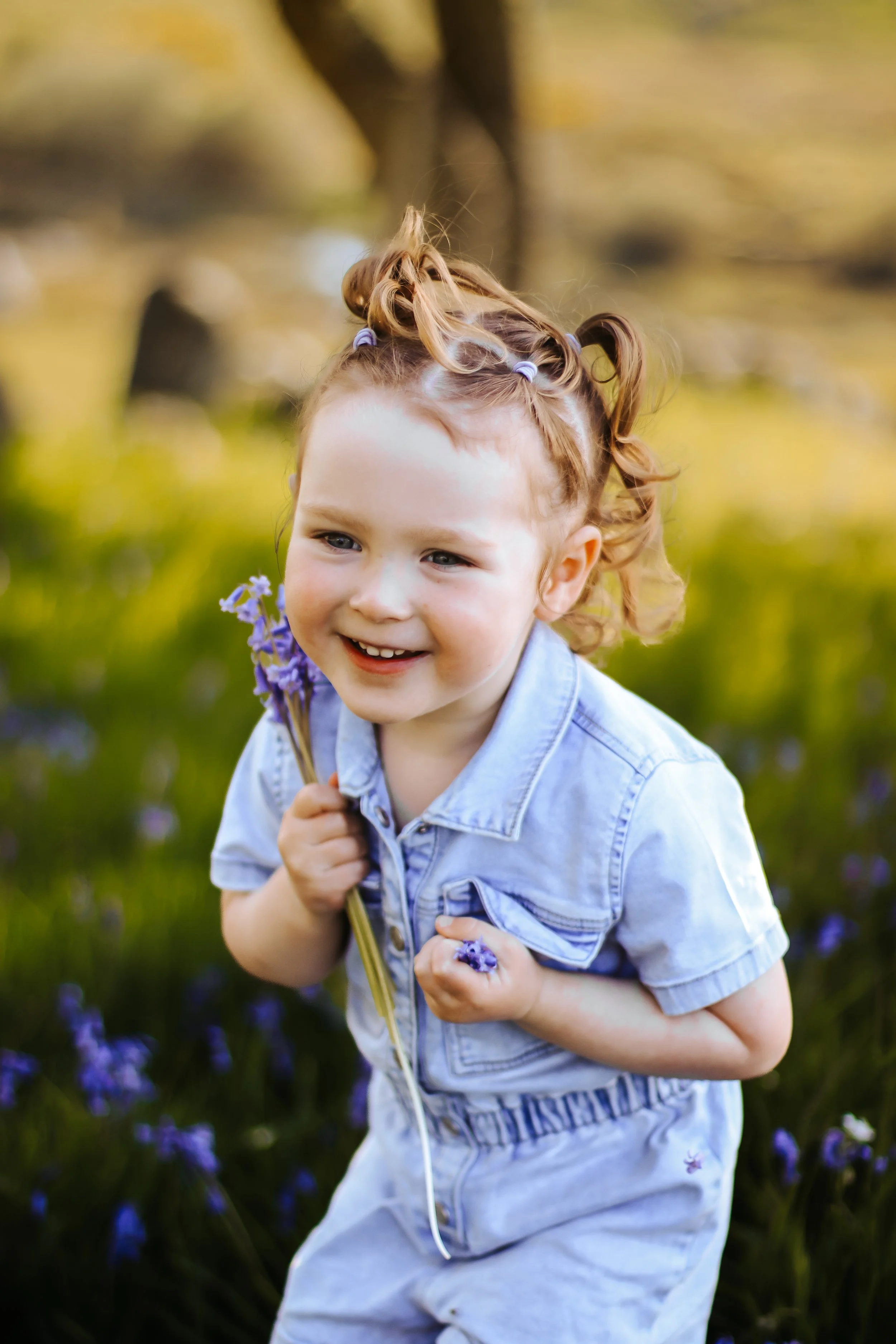 Child portrait photography Scottish Highlands young child holding flowers in natural light outdoors