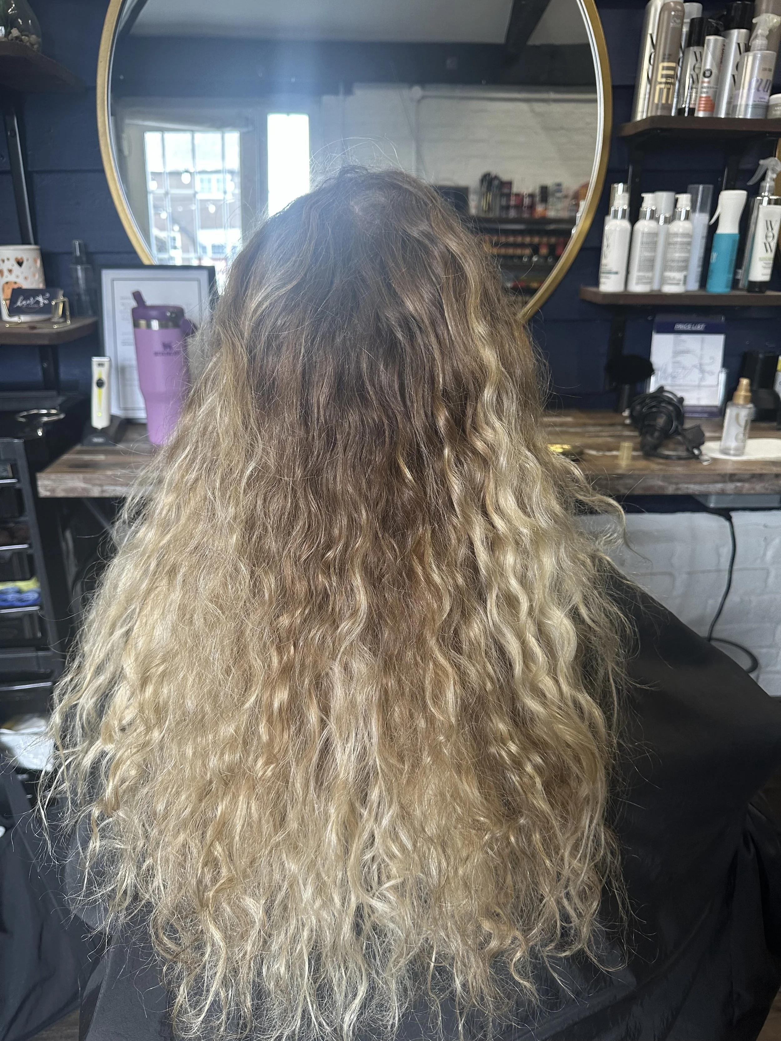 Back of a person with long, wavy, ombre hair from dark brown at the roots to blonde at the ends, sitting in a salon chair with a mirror behind them showing a window and salon shelves with hair products.