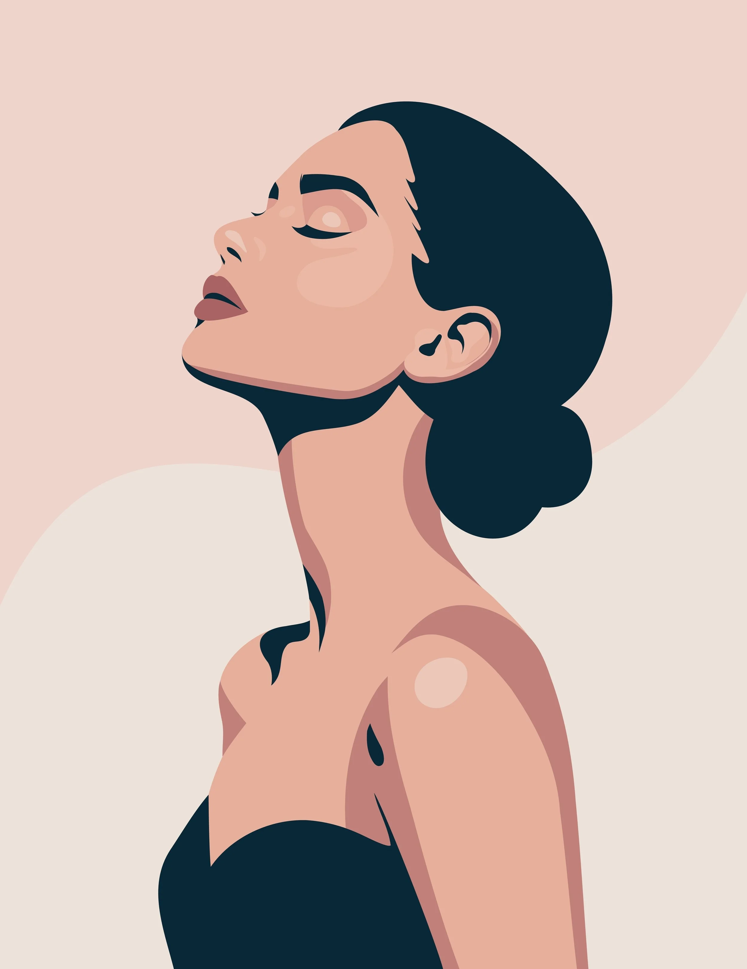 A digital illustration of a woman with closed eyes and dark hair tied in a low bun, wearing a black top, against a light beige background.