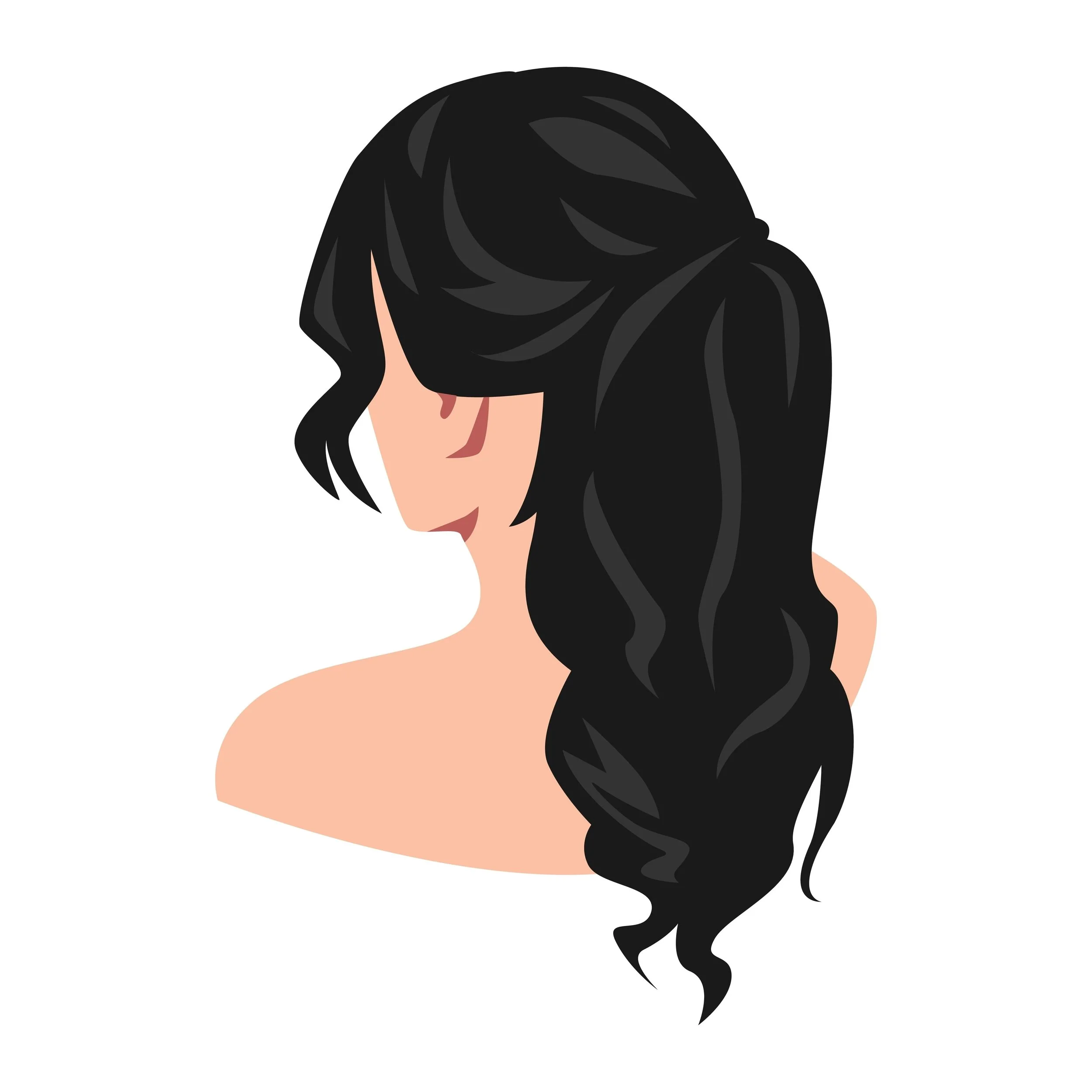 Digital illustration of a woman's face with long black hair, shown in profile with her eyes closed and a peaceful expression.