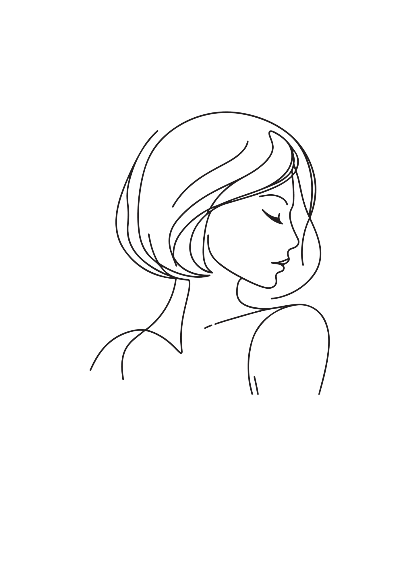 A minimalist, black line drawing of a woman with short hair, facing to the right, with closed eyes.
