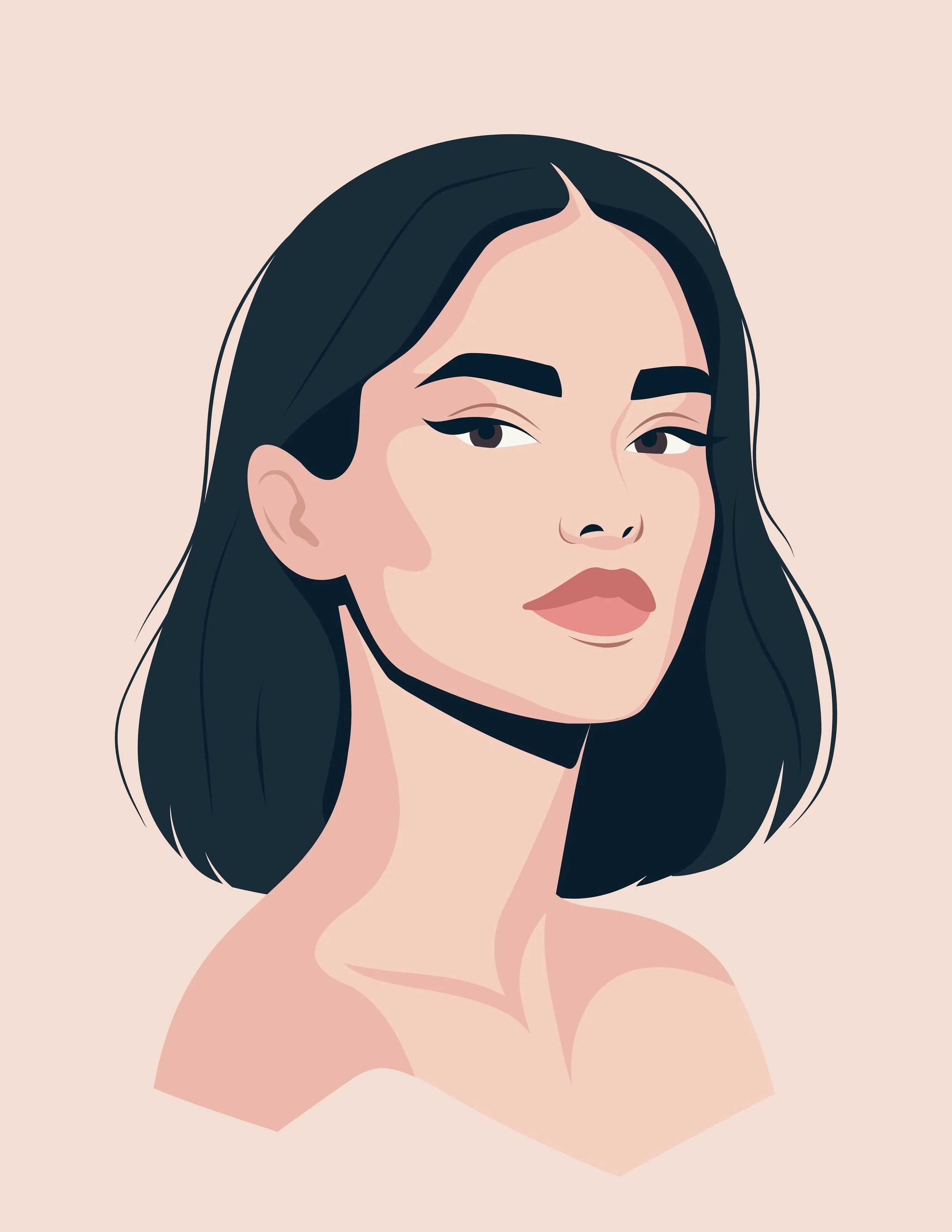 A digital illustration of a woman with shoulder-length dark hair, attractive eyebrows, and a confident expression, with her shoulders exposed against a light pink background.