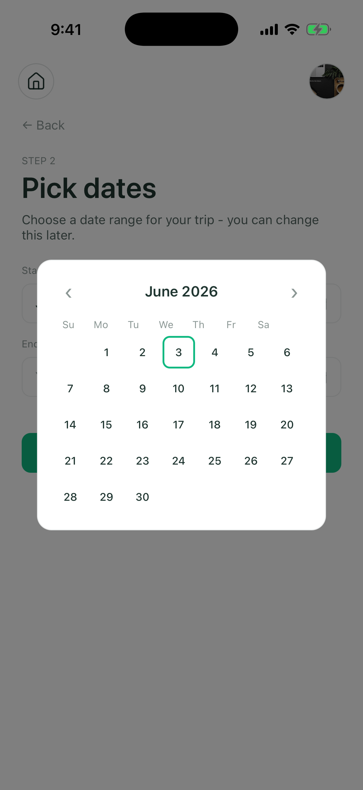 Screenshot of a mobile app's date picker showing June 3, 2026.