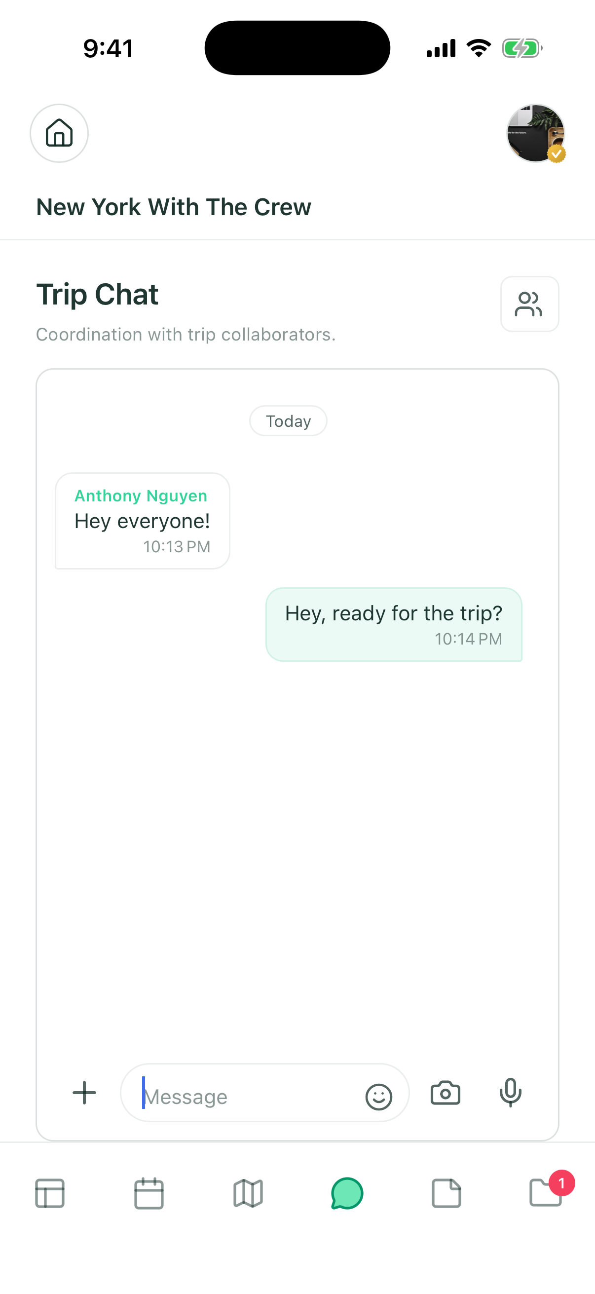 Screenshots of a messaging app chat conversation about a trip, showing messages from users, with icons for navigation and features at the bottom.